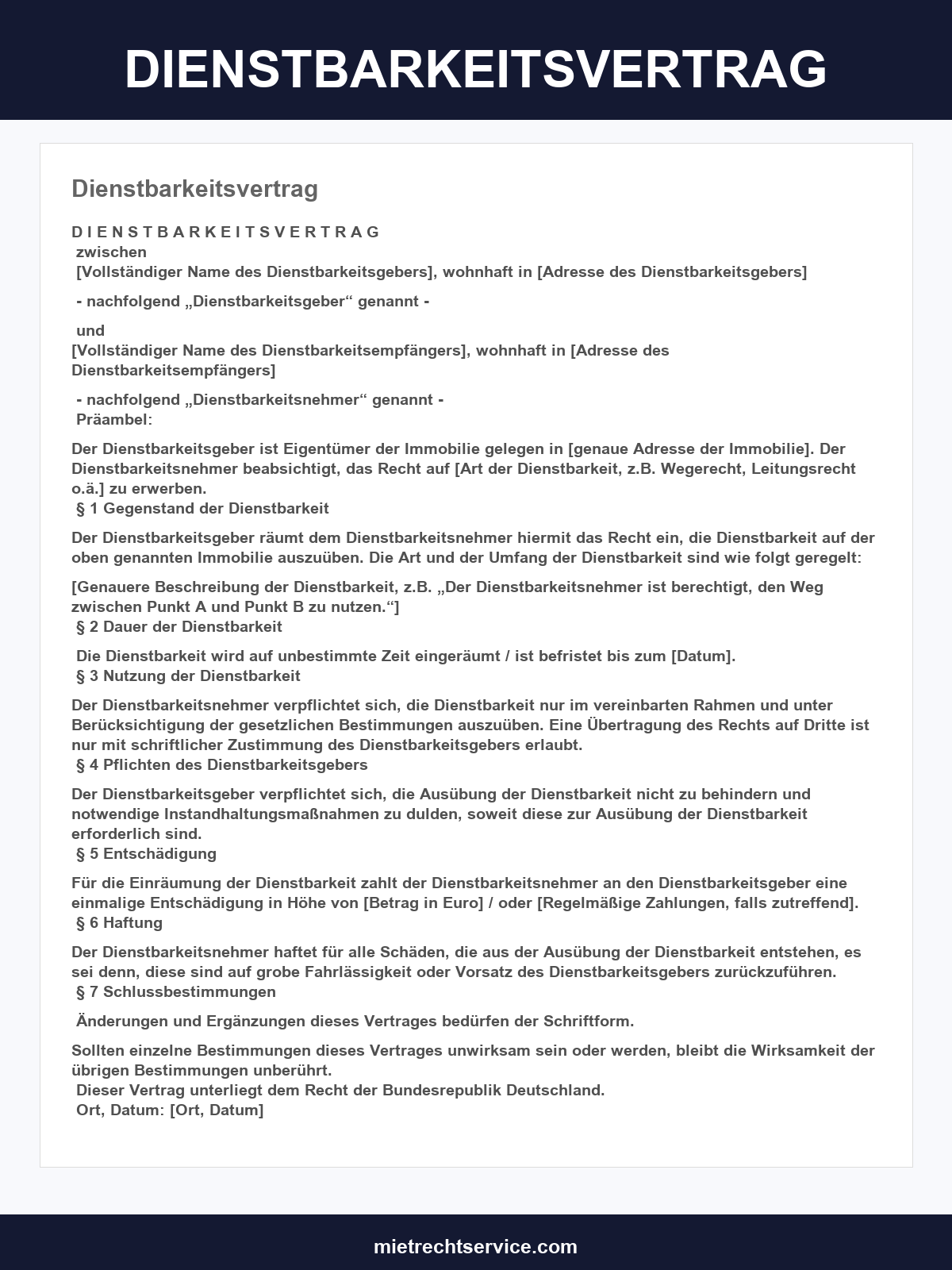 Dienstbarkeitsvertrag Muster