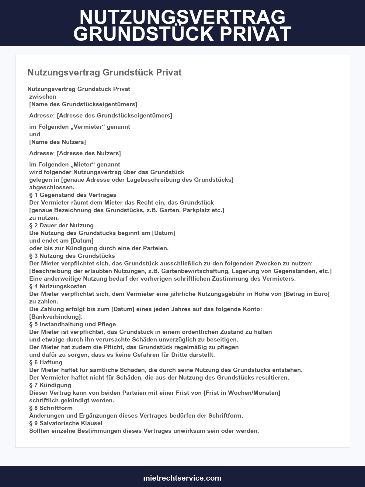 Nutzungsvertrag Grundstück Privat