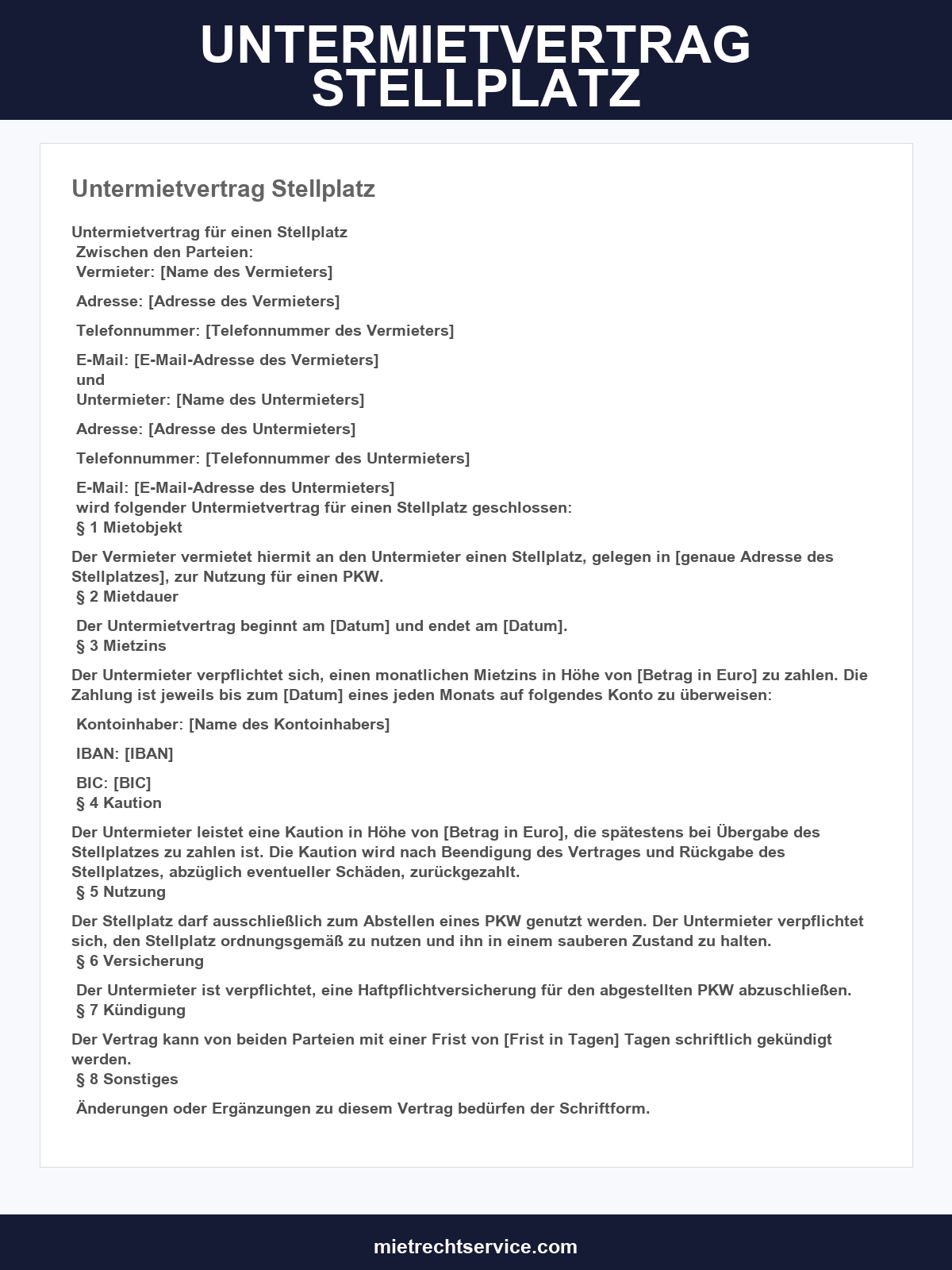Untermietvertrag Stellplatz