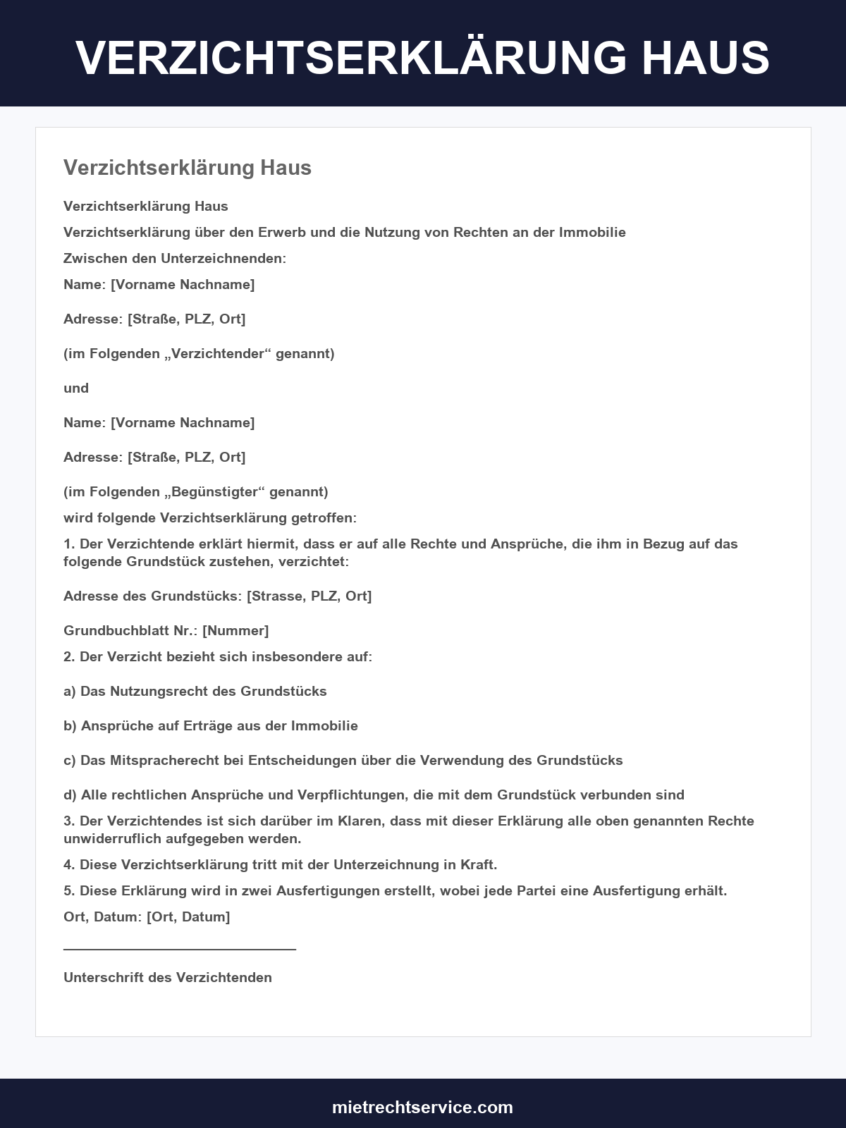Verzichtserklärung Haus Muster